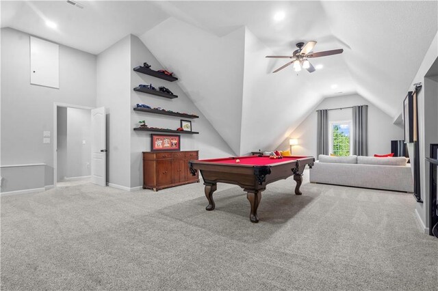 15618 Meadowbrook Ct, Raymore, MO 64083 - rec room featuring lofted ceiling, billiards, carpet flooring, ceiling fan, and baseboards