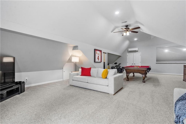 15618 Meadowbrook Ct, Raymore, MO 64083 - carpeted living area with vaulted ceiling, ceiling fan, an AC wall unit, baseboards, and billiards table