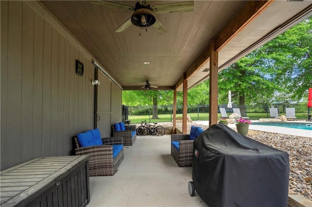 15618 Meadowbrook Ct, Raymore, MO 64083 - view of patio featuring ceiling fan and grilling area