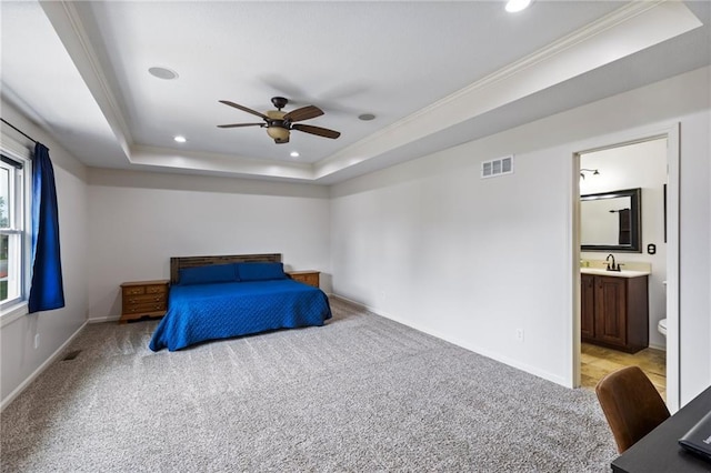 14401 Craig Ave, Grandview, MO 64030 - unfurnished bedroom with a tray ceiling, light carpet, crown molding, baseboards, and recessed lighting