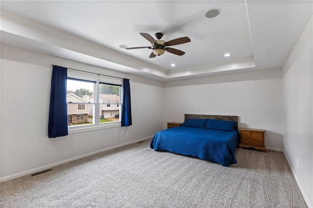 14401 Craig Ave, Grandview, MO 64030 - bedroom featuring carpet, a raised ceiling, baseboards, recessed lighting, and a ceiling fan