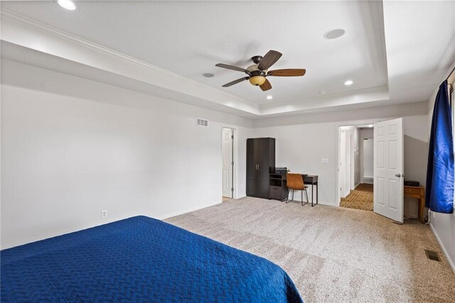 14401 Craig Ave, Grandview, MO 64030 - bedroom featuring carpet floors, baseboards, a raised ceiling, recessed lighting, and a ceiling fan