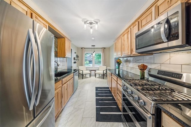 811 W 86th Ter, Kansas City, MO 64114 - kitchen featuring stainless steel appliances, decorative backsplash, light marble finish flooring, and pendant lighting
