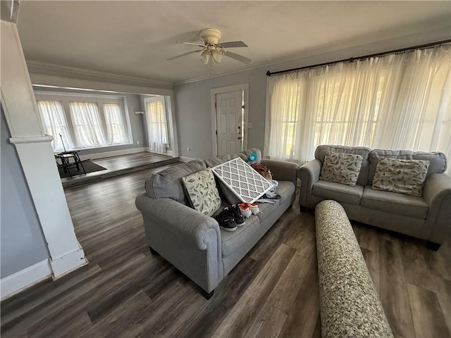 418 N 8th St, Independence, KS 67301 - living area featuring ceiling fan, crown molding, dark wood-style floors, and baseboards
