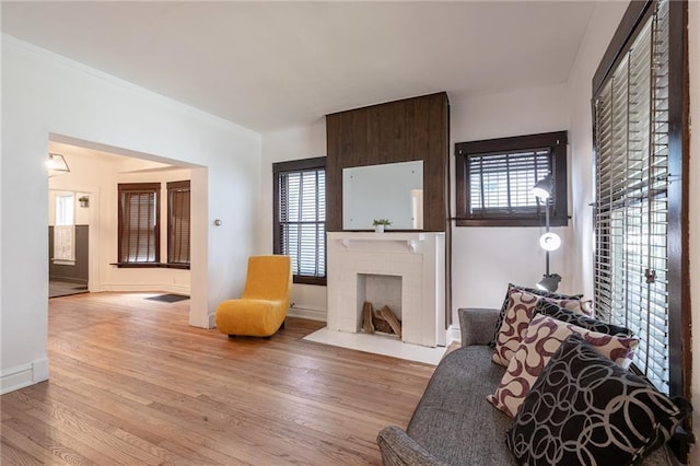 4231 Wyoming St, Kansas City, MO 64111 - living area with wood finished floors, healthy amount of natural light, and a brick fireplace