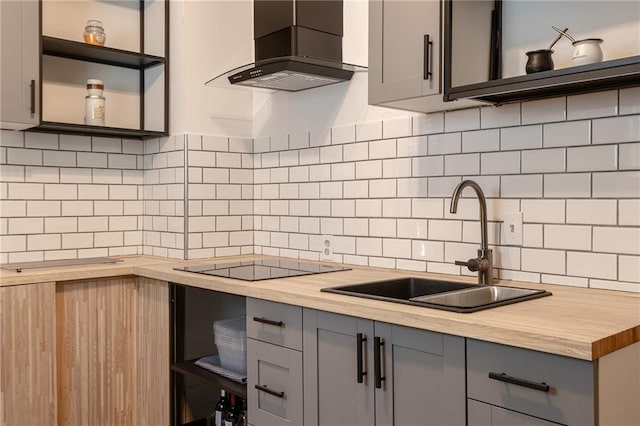 4231 Wyoming St, Kansas City, MO 64111 - kitchen with wooden counters, open shelves, gray cabinetry, and wall chimney exhaust hood