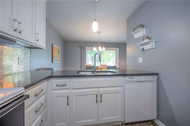 6520 W 51st St, Mission, KS 66202 - kitchen with white dishwasher, a sink, a chandelier, and white cabinetry