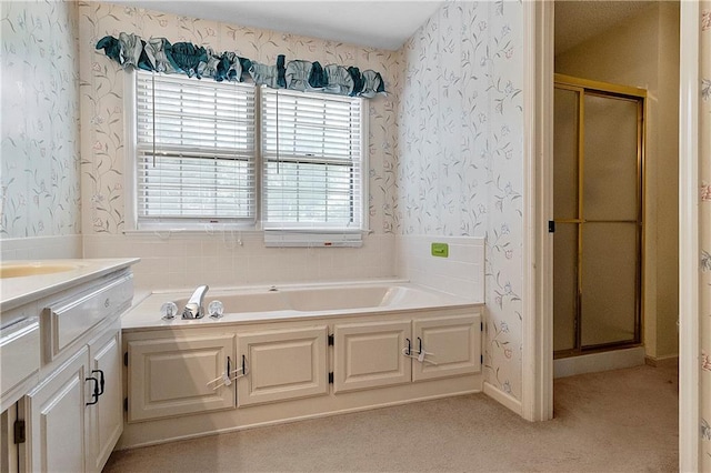 11207 W 109th St, Overland Park, KS 66210 - full bath with wallpapered walls, a stall shower, a bath, and vanity