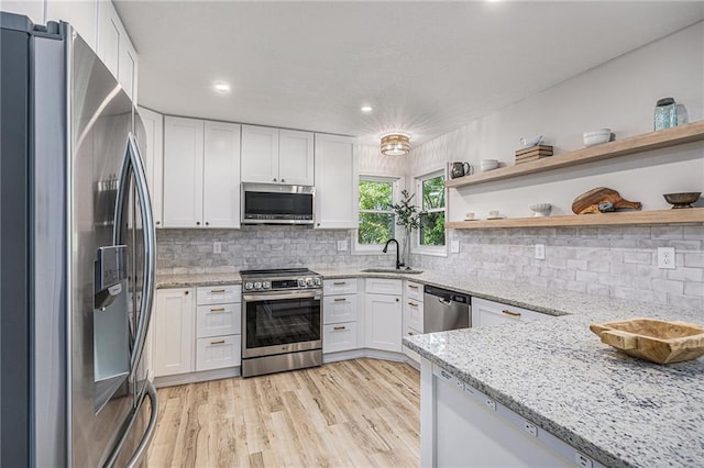 1345 NE Foxwood Dr, Lees Summit, MO 64086 - kitchen with stainless steel appliances, a sink, white cabinets, open shelves, and recessed lighting