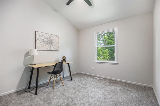 1345 NE Foxwood Dr, Lees Summit, MO 64086 - office space featuring carpet floors, vaulted ceiling, baseboards, and ceiling fan