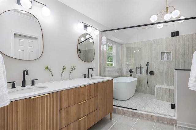 1345 NE Foxwood Dr, Lees Summit, MO 64086 - bathroom featuring walk in shower, tile patterned flooring, double vanity, and a freestanding bath