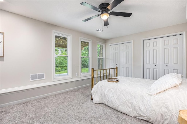 1345 NE Foxwood Dr, Lees Summit, MO 64086 - carpeted bedroom with baseboards, two closets, and ceiling fan