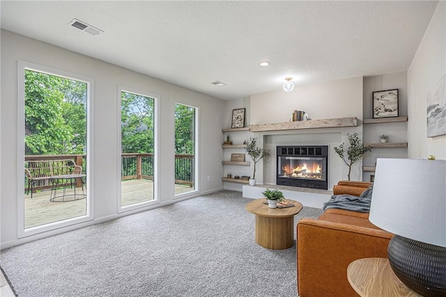 1345 NE Foxwood Dr, Lees Summit, MO 64086 - carpeted living room featuring a glass covered fireplace, baseboards, and a textured ceiling