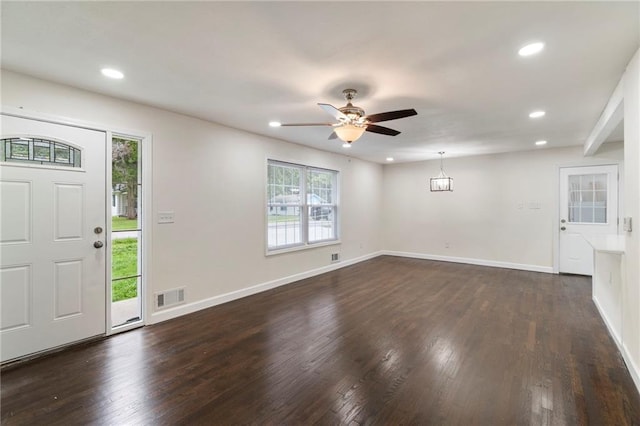 6201 N Topping Ave, Kansas City, MO 64119 - foyer entrance with dark wood-type flooring, recessed lighting, ceiling fan, and baseboards