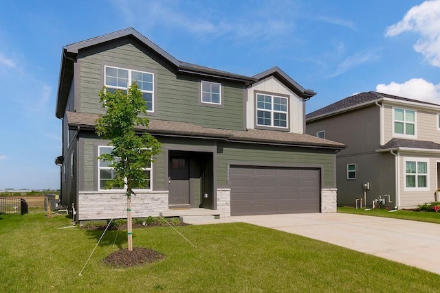 17756 Shady Bend Rd, Gardner, KS 66030 - craftsman-style house with concrete driveway, a garage, a front lawn, and stone siding