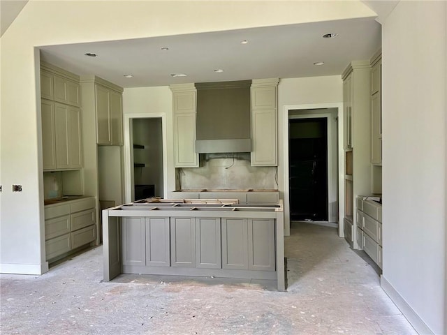 10401 W 151st Pl, Overland Park, KS 66221 - kitchen featuring a center island, wall chimney exhaust hood, gray cabinets, and recessed lighting