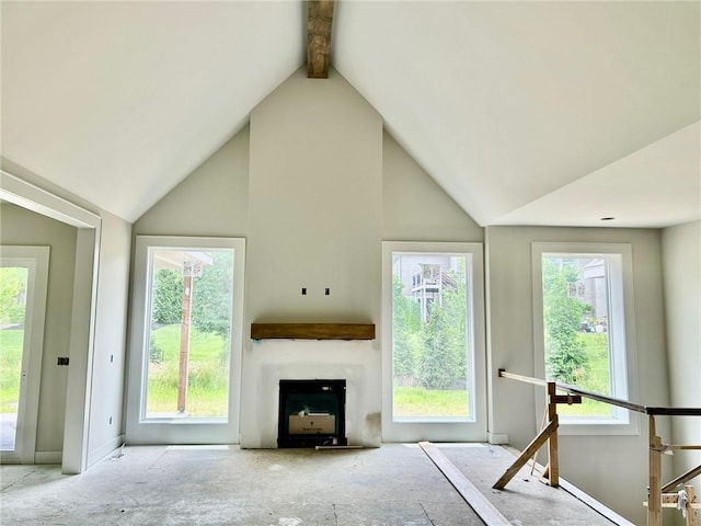 10401 W 151st Pl, Overland Park, KS 66221 - unfurnished living room with a fireplace, beamed ceiling, and high vaulted ceiling