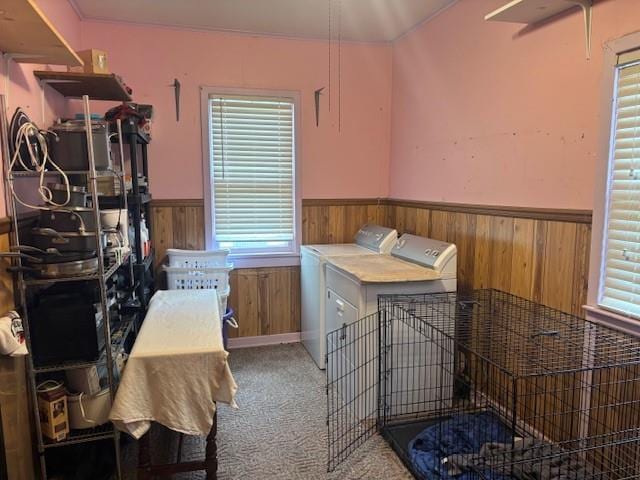 1119 Mound St, Atchison, KS 66002 - washroom with washer and dryer, a wainscoted wall, plenty of natural light, wood walls, and carpet floors