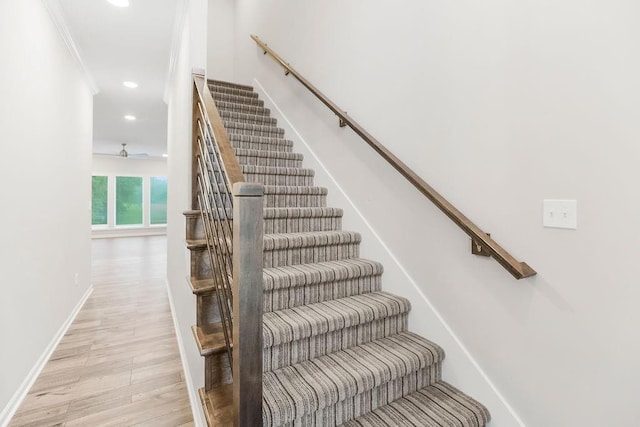 7515 Locust Dr, Kansas City, MO 64152 - stairway featuring wood finished floors, baseboards, recessed lighting, ornamental molding, and a ceiling fan