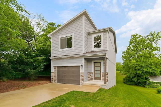 7515 Locust Dr, Kansas City, MO 64152 - view of front facade with a garage, stone siding, a front yard, and concrete driveway