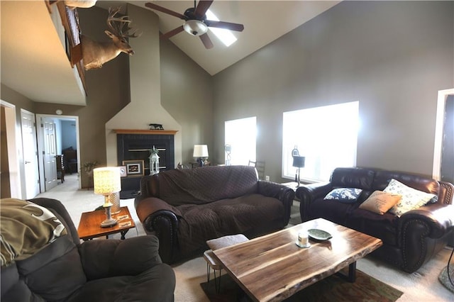 1744 21st Rd, Waverly, KS 66871 - carpeted living room with high vaulted ceiling and a ceiling fan