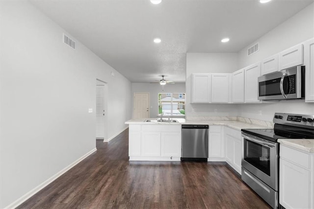 551 W Fountain St, Gardner, KS 66030 - kitchen featuring appliances with stainless steel finishes, a sink, a peninsula, a ceiling fan, and dark wood finished floors