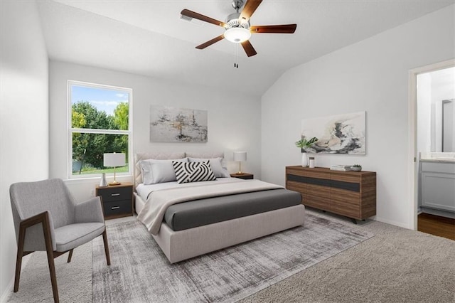 551 W Fountain St, Gardner, KS 66030 - bedroom featuring carpet, vaulted ceiling, ceiling fan, ensuite bath, and baseboards