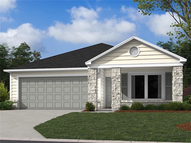 567 W Fountain St, Gardner, KS 66030 - view of front facade featuring stone siding, a garage, concrete driveway, a front lawn, and a shingled roof