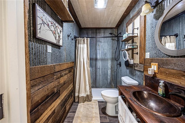 31425 Chance Ave, Warsaw, MO 65355 - bathroom with toilet, tiled shower, wood walls, and vanity