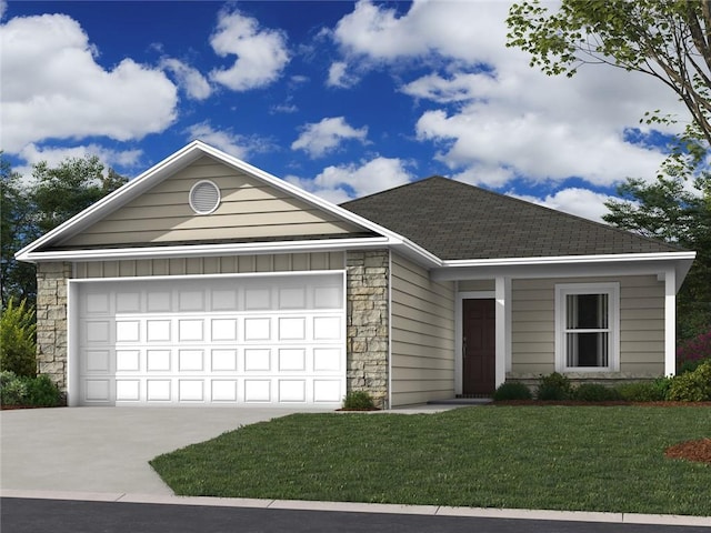 597 W Fountain St, Gardner, KS 66030 - ranch-style home featuring driveway, stone siding, a garage, a front lawn, and a shingled roof
