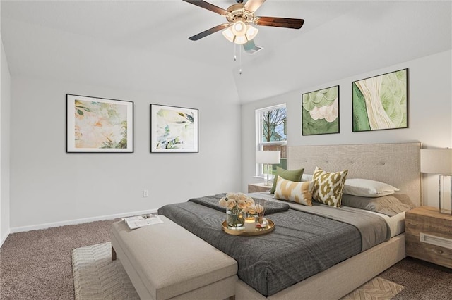 597 W Fountain St, Gardner, KS 66030 - bedroom with carpet floors, baseboards, lofted ceiling, and ceiling fan