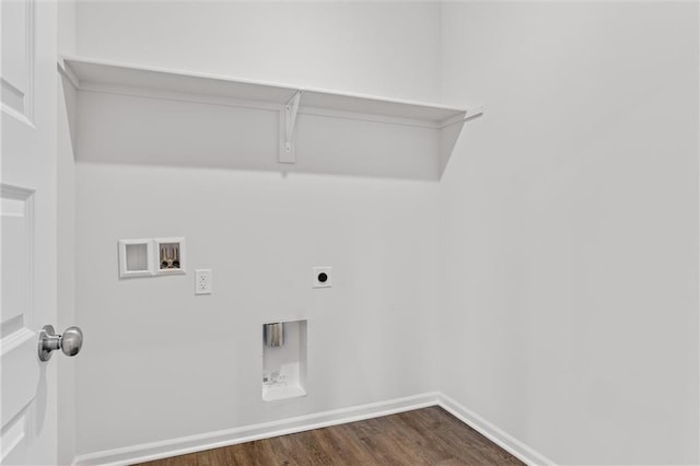 597 W Fountain St, Gardner, KS 66030 - washroom featuring hookup for an electric dryer, washer hookup, dark wood-style flooring, and baseboards