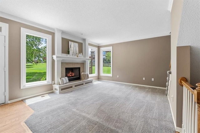 14155 W 147th Ter, Olathe, KS 66062 - unfurnished living room with a textured ceiling, healthy amount of natural light, a fireplace, ornamental molding, and baseboards