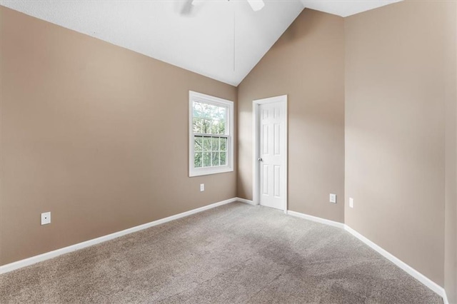 14155 W 147th Ter, Olathe, KS 66062 - spare room featuring a ceiling fan, carpet, baseboards, and high vaulted ceiling