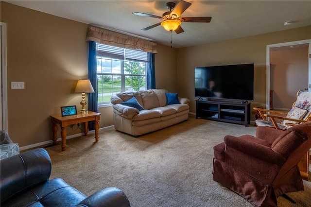 2943 NE Turkey Rd, Breckenridge, MO 64625 - carpeted living room with ceiling fan and baseboards