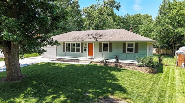 109 N 1st St, Blue Springs, MO 64014 - ranch-style house featuring a porch, driveway, a garage, and a shingled roof
