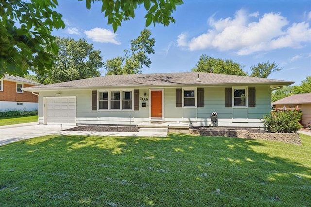 109 N 1st St, Blue Springs, MO 64014 - single story home featuring concrete driveway, a garage, a front yard, and covered porch