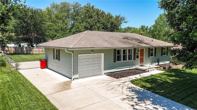 109 N 1st St, Blue Springs, MO 64014 - ranch-style house with an attached garage, driveway, a shingled roof, and covered porch