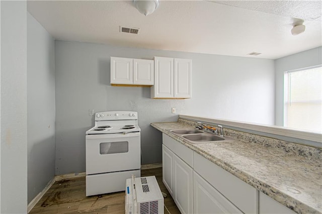 5926 Agnes Ave, Kansas City, MO 64130 - kitchen with electric stove, a sink, wood finished floors, white cabinetry, and light countertops