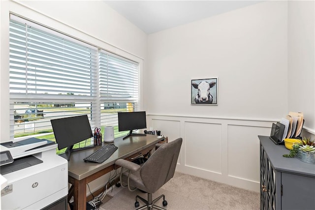 20714 Emerald St, Spring Hill, KS 66030 - office area featuring light carpet, a decorative wall, and a wainscoted wall