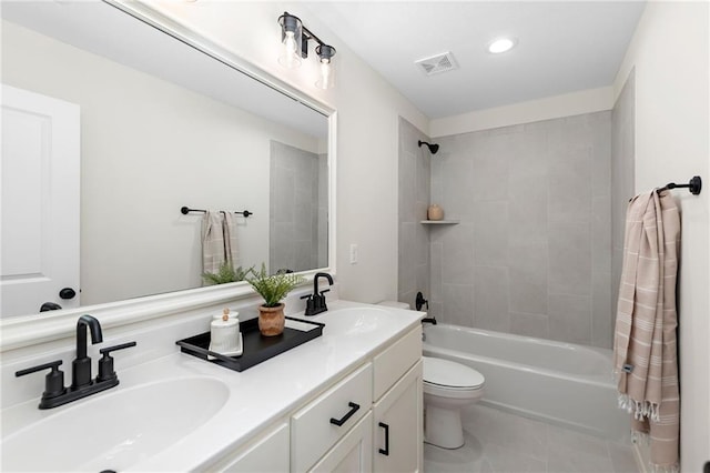 20714 Emerald St, Spring Hill, KS 66030 - bathroom featuring shower / bathtub combination with curtain, double vanity, toilet, tile patterned flooring, and recessed lighting