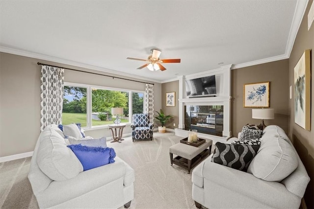 7007 Bell Rd, Shawnee, KS 66217 - living room with carpet, ornamental molding, ceiling fan, and baseboards