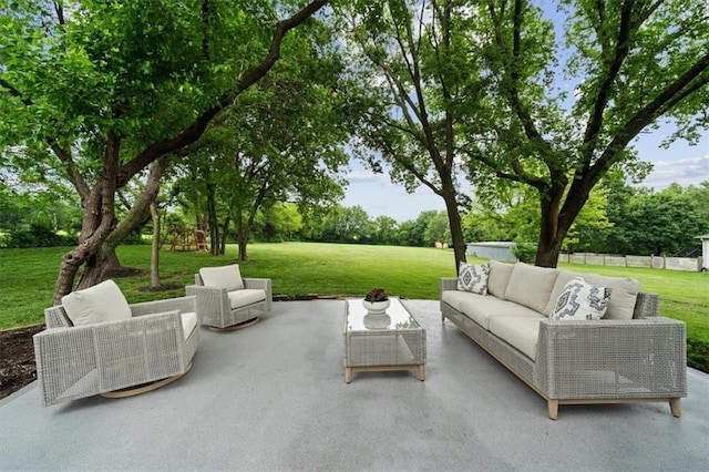 7007 Bell Rd, Shawnee, KS 66217 - view of patio / terrace with an outdoor living space and view of scattered trees