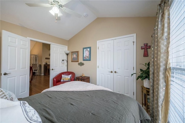 15141 S Symphony Dr Unit 1300, Olathe, KS 66062 - bedroom with vaulted ceiling, wood finished floors, a ceiling fan, and a closet