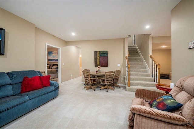15141 S Symphony Dr Unit 1300, Olathe, KS 66062 - carpeted living area with stairway, baseboards, and recessed lighting