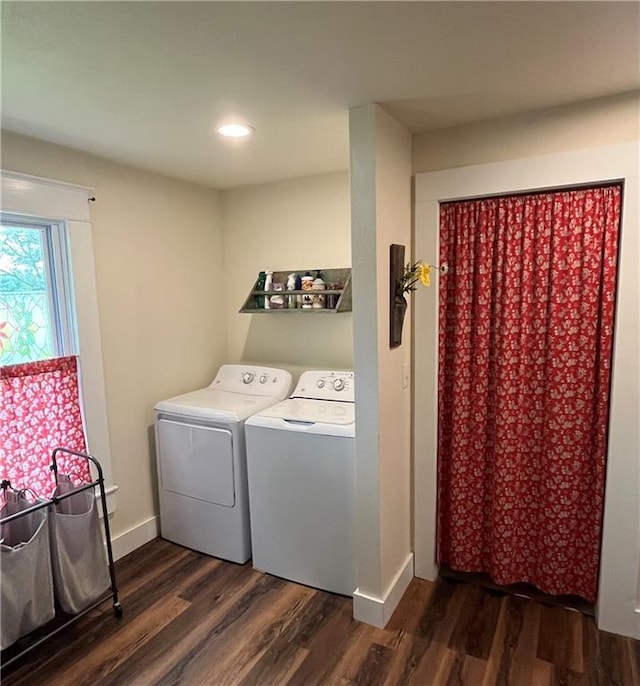 1596 Haskell Rd, Williamsburg, KS 66095 - laundry area with dark wood finished floors, independent washer and dryer, baseboards, and recessed lighting