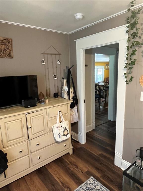 1596 Haskell Rd, Williamsburg, KS 66095 - living area with dark wood-style flooring, ornamental molding, and baseboards
