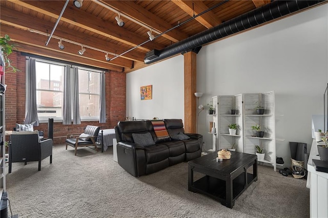 700 Broadway Blvd Unit 210, Kansas City, MO 64105 - living area with brick wall, carpet floors, rail lighting, and wood ceiling with exposed beams