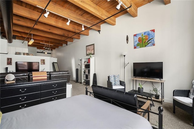 700 Broadway Blvd Unit 210, Kansas City, MO 64105 - bedroom with rail lighting, carpet, wood ceiling with exposed beams, and baseboards