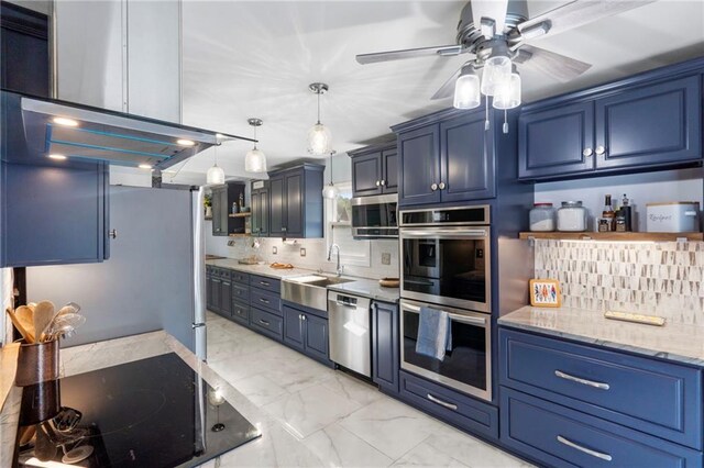 16011 W 149th Ter, Olathe, KS 66062 - kitchen with appliances with stainless steel finishes, blue cabinets, open shelves, and light marble finish flooring
